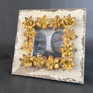 Vintage 3D Tin Flower Picture Frame Yellow 3x3 Photo Opening 6x6 Inch Wall Decor
